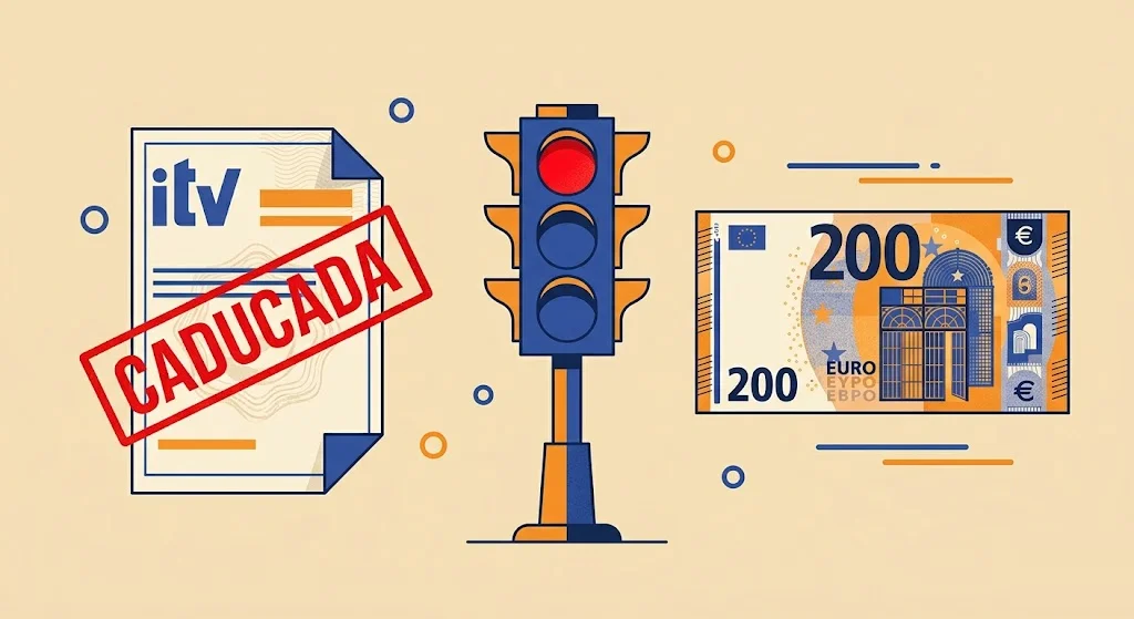 Tarjeta de ITV con un sello de caducada junto a un semáforo en rojo y un billete de 200 euros que representa la sanción