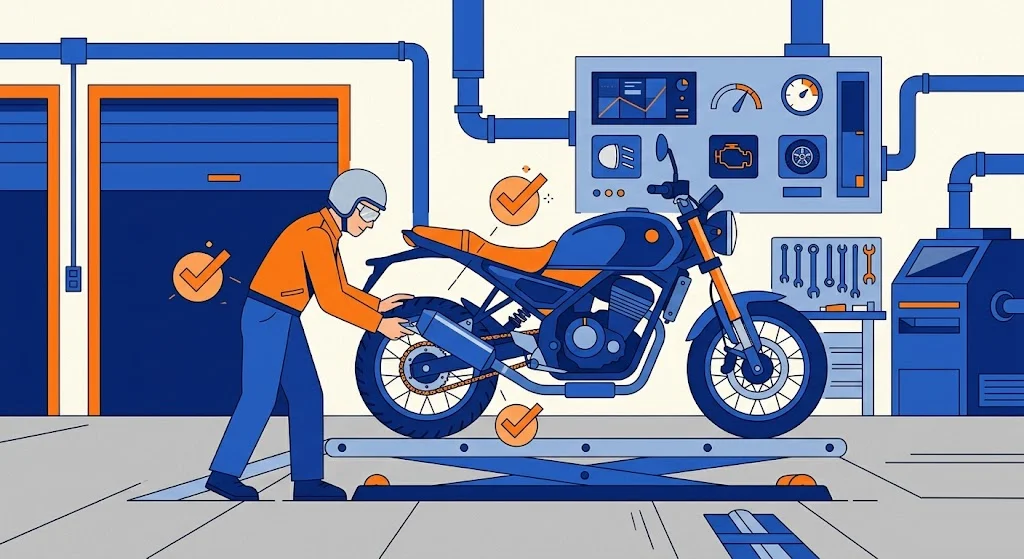 Motocicleta en una estación de ITV mientras un inspector revisa la cadena, el escape y los neumáticos