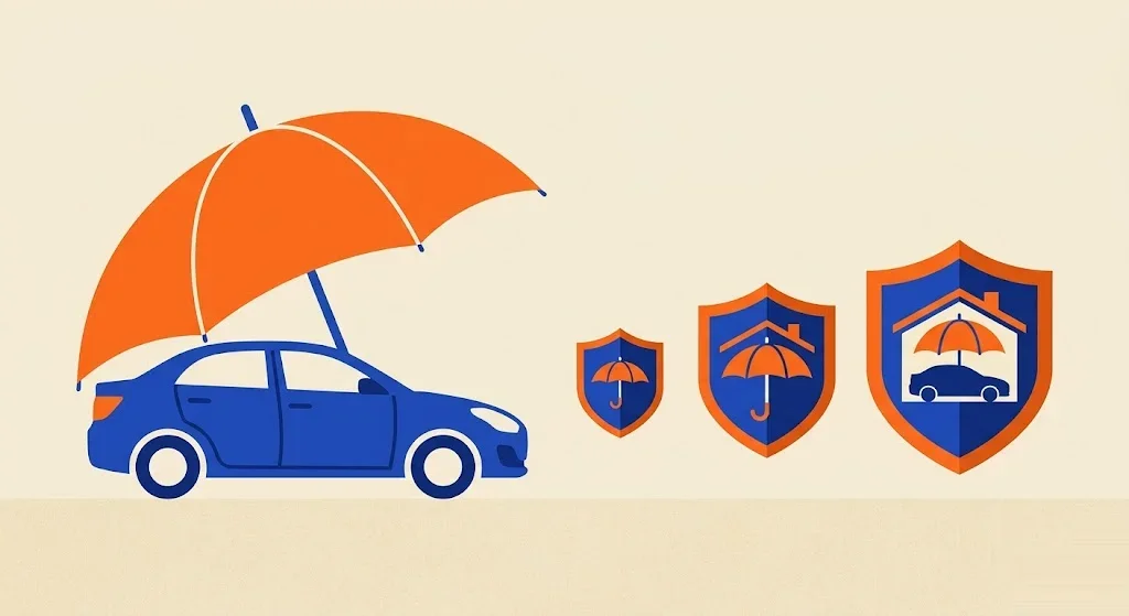 Ilustración de un turismo bajo un paraguas abierto junto a tres escudos de tamaño creciente que representan niveles de cobertura del seguro