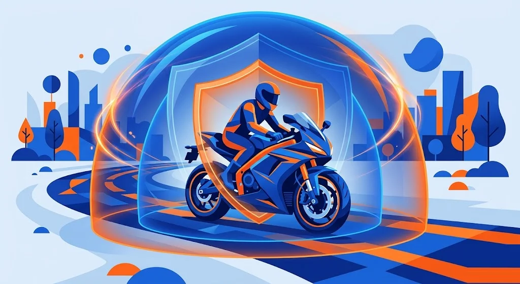 Motocicleta protegida por un escudo en tres niveles que representan las coberturas de terceros, ampliado y todo riesgo