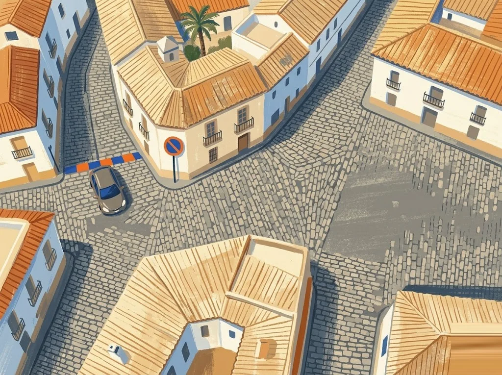 Ilustración editorial: vista aérea de casco histórico español con coche aproximándose a línea pintada en la calle