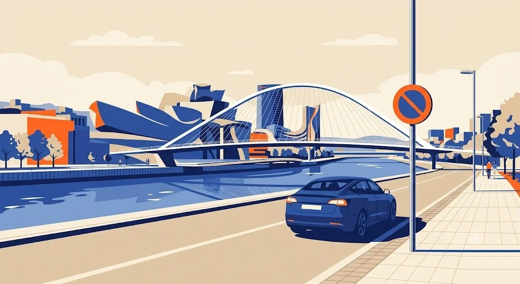 Ilustración de la ría de Bilbao con un puente blanco de arco y arquitectura contemporánea de superficies curvas, con una señal de restricción de tráfico en primer plano