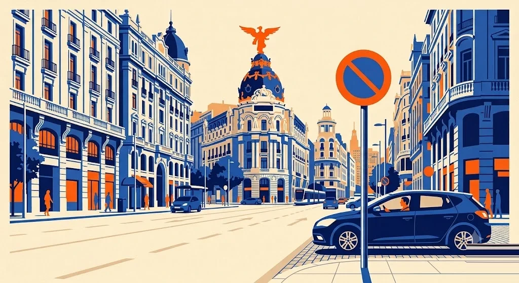 Ilustración de una gran avenida del centro de Madrid con edificios señoriales y una cúpula coronada por una escultura alada, con una señal de restricción de tráfico en primer plano