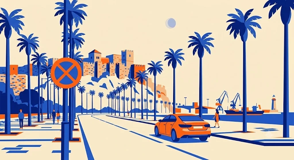 Ilustración de una avenida de Málaga junto al puerto, con palmeras y una fortaleza de piedra en la ladera, con una señal de restricción de tráfico en primer plano