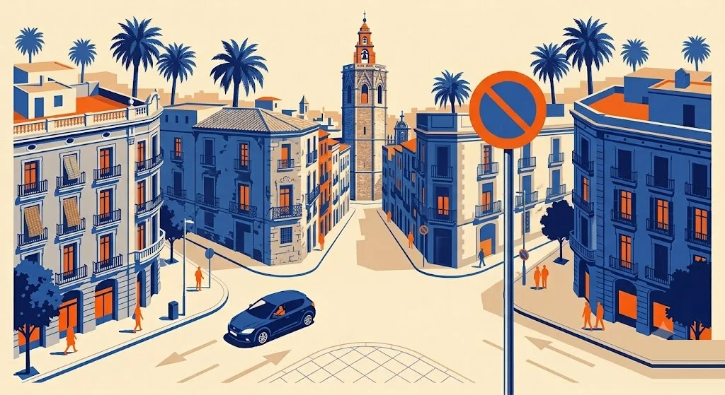 Ilustración de una calle del casco antiguo de Valencia con una torre gótica octogonal y palmeras, con una señal de restricción de tráfico en primer plano